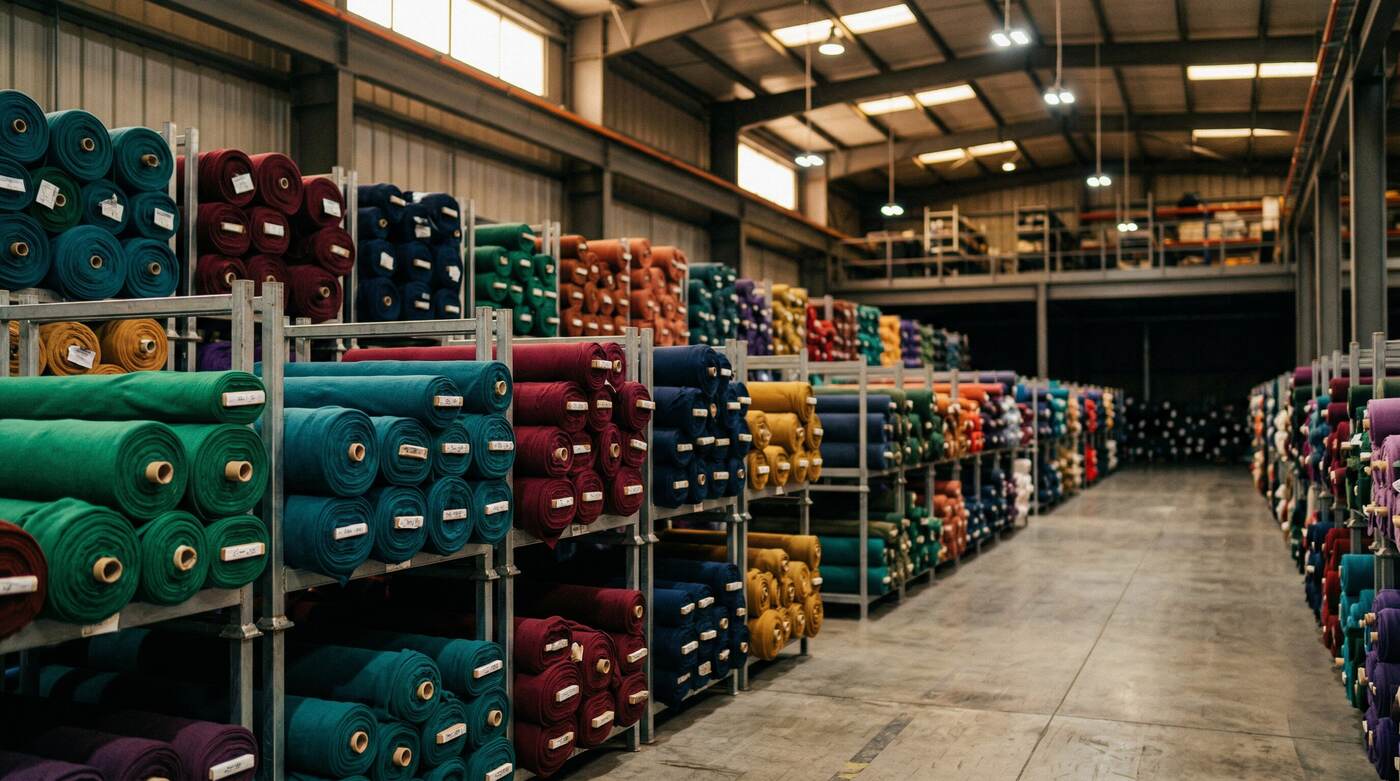 Rollos de tejidos de colores en estanterías